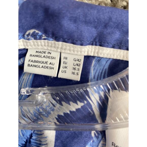 Selected Homme Shirt Mens Large 16.5 Blue White Hawaiian Casual Button Up - Picture 6 of 12